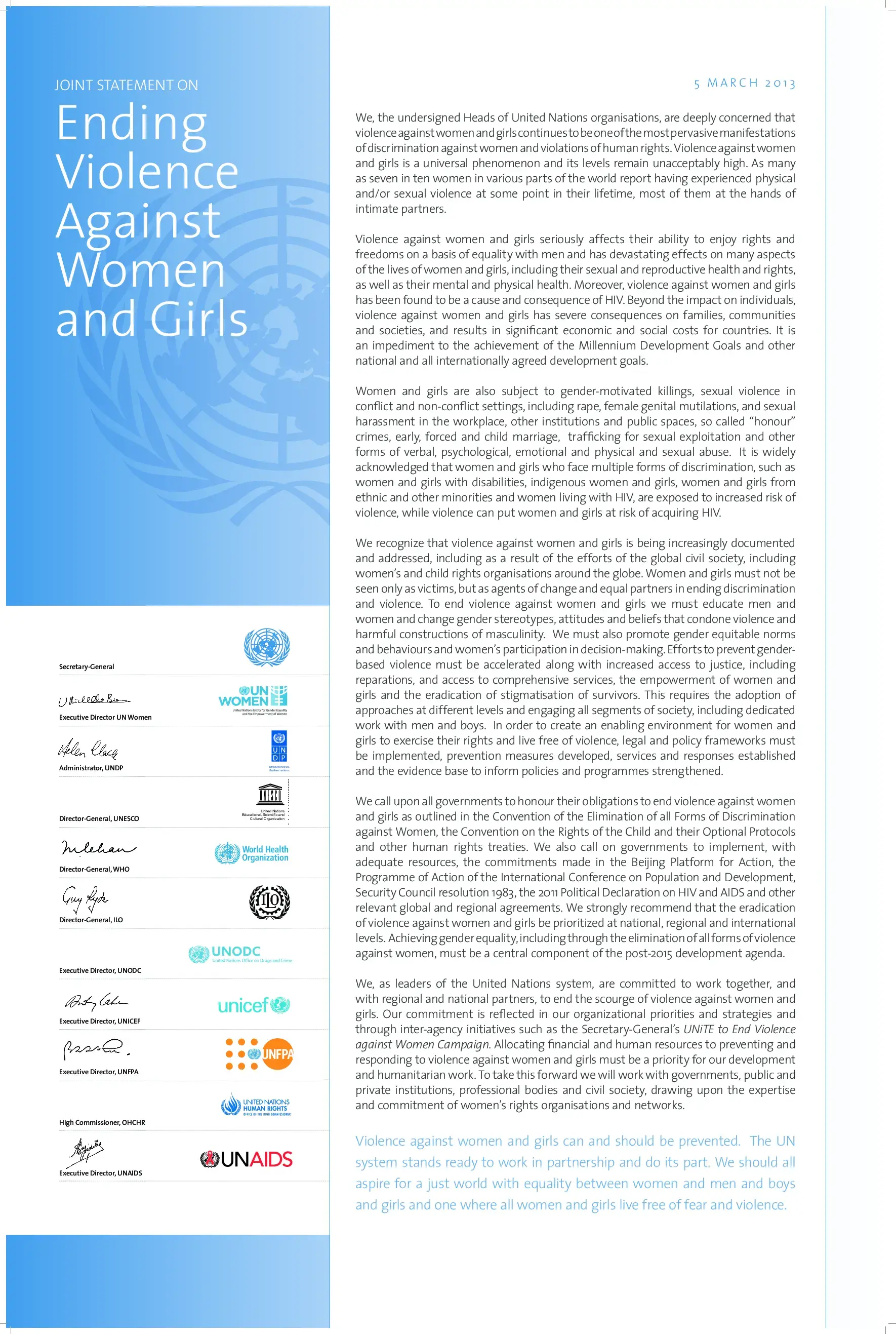 UN Principals Joint Statement on Ending Violence Against Women and Girls