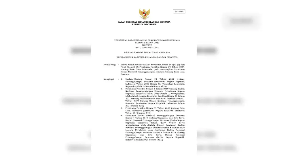 BNPB Regulation No. 1/2023 on Indonesia One Disaster Data